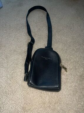 Black Pebbled Leather Crossbody Belt Bag with Gold Hardware